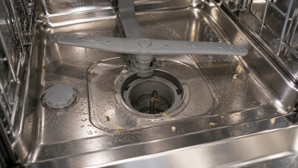 The bottom of a dishwasher tub with the filter removed and the sump opening visible