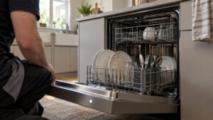 A dishwasher with a blinking indicator light and half-washed dishes inside