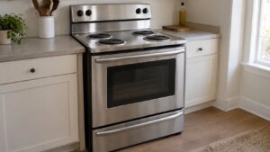 A freestanding stainless electric range with four black coil burners on top stands in a plain bright kitchen
