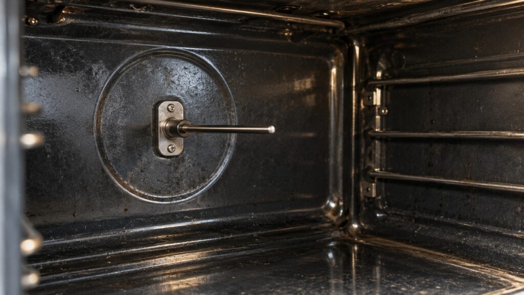 A close view of a slim metal temperature probe sticking out from the back wall inside an empty oven cavity