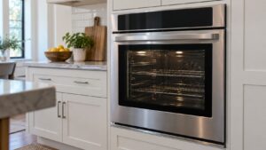 A stainless single wall oven with a dark touch control panel and a large glass window showing an empty clean cavity