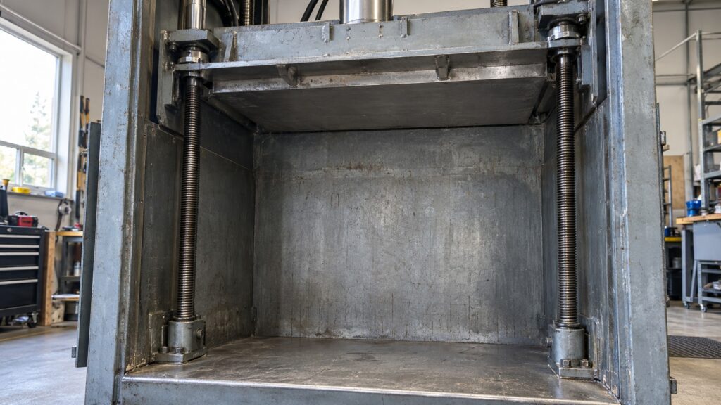 A heavy flat metal ram plate held at the top of an empty compactor bin above two long threaded drive screws on either side