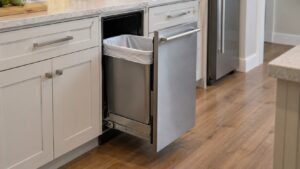 A built-in trash compactor with its front drawer pulled halfway open and a clean empty bag liner visible inside the bin