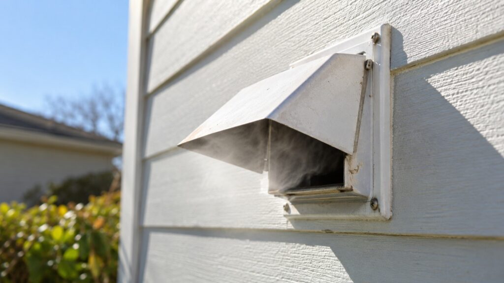 An outdoor wall vent cap with its flap standing wide open as warm air flows out of it on a sunny day