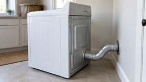 A white dryer pulled out from a laundry room wall showing a short rigid metal duct curving gently to the wall opening