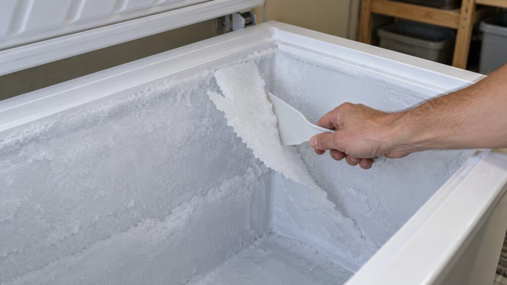A hand lifting a loose sheet of frost off the inner wall of a chest freezer using a flat plastic scraper