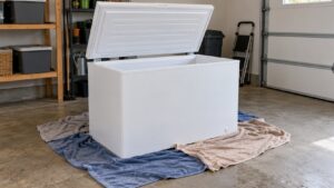 A white chest freezer with its lid propped open and thick towels spread around its base on a garage floor