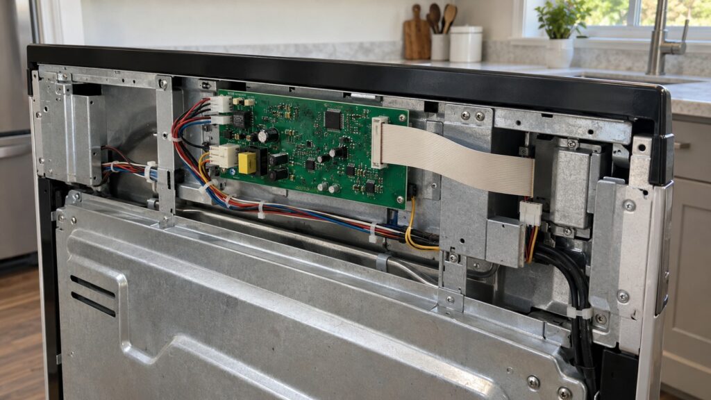 The back panel of an electric range removed to show a green circuit board with a flat ribbon cable plugged into it