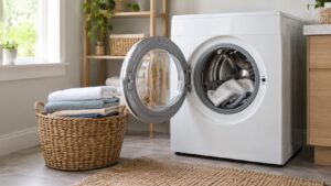 A white front-load washer with its round glass door open and a basket of folded clean laundry beside it
