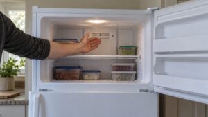 A white top-freezer refrigerator with its freezer door open and a hand held near the back wall of the freezer as if feeling for moving air
